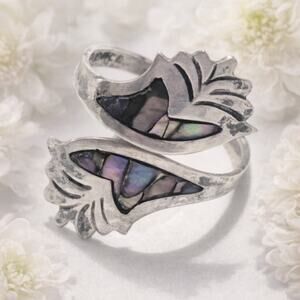 Vintage Sterling Silver Abalone Leaf Adjustable Bypass Ring Size 6